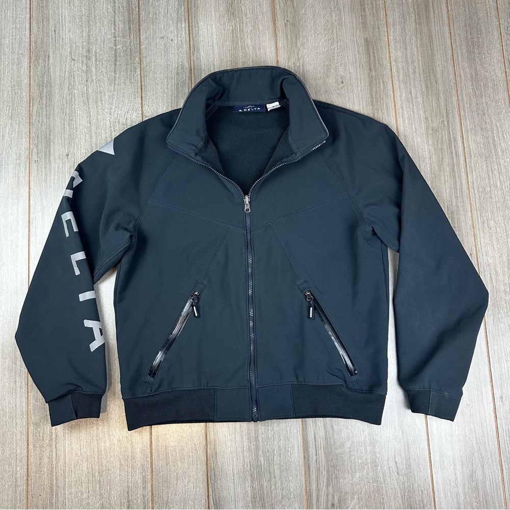 Land's End For Delta Womens Gray Full Zip Bomber Jacket Medium Pockets Spell Out